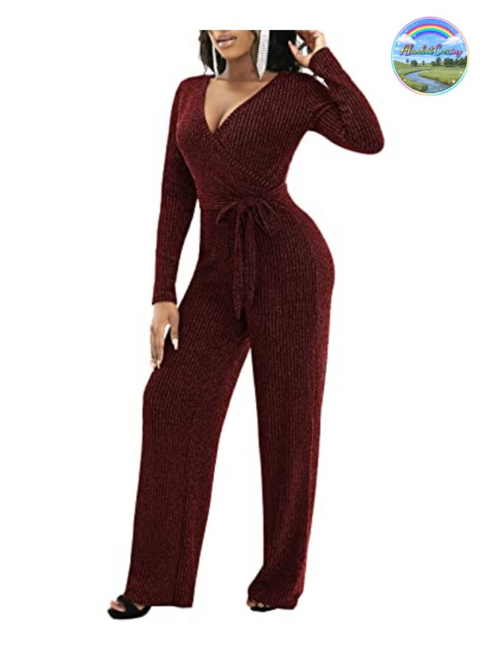 Sequined V-Neck Long Sleeve Jumpsuit with Belt Club Party Night Out
